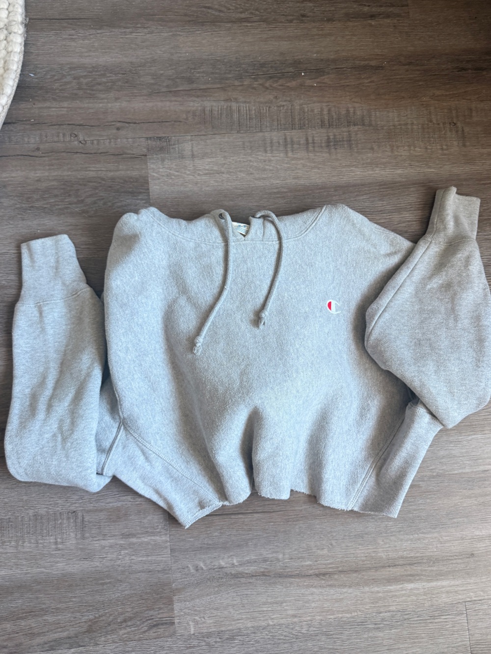 Champion Light Gray Cropped Pullover Hoodie with Small Logo